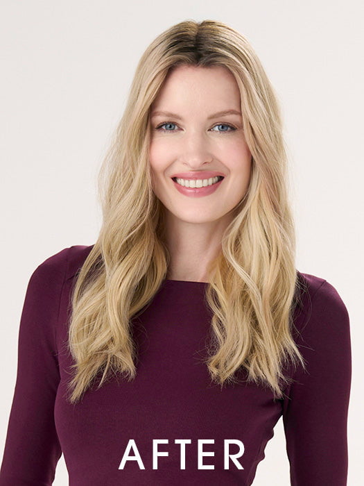 Model is wearing BARELY THERE WAVY 16" in color VANILLA LATTE (17/101R8) | Rooted medium Blonde with Cool Platinum Dimension
