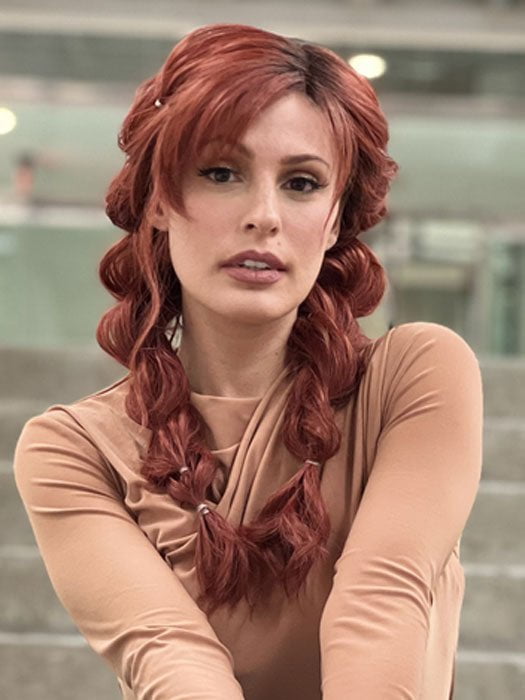 Roxie in BROOKLYN by Rene of Paris | Wig was braided for photoshoot | Color: HENNA-RED-R | Bright and Vibrant Red with Cherry Undertones, Rooted with Rich Coffee Bean Brown