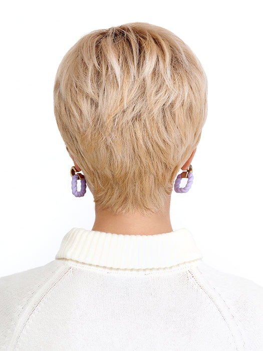 Model is wearing BRUSHED PIXIE by TRESSALLURE in color 24/102/R12 | Gold Blonde with Platinum highlights with Gold Brown roots