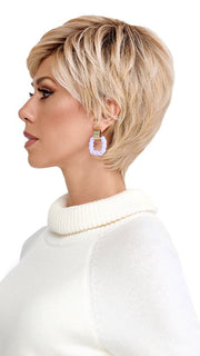 Model is wearing BRUSHED PIXIE by TRESSALLURE in color 24/102/R12 | Gold Blonde with Platinum highlights with Gold Brown roots