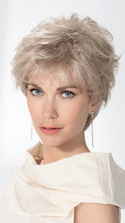 Model is wearing CHARME SOFT SMALL by ELLEN WILLE in PEARL MIX | Pearl Platinum and Medium Ash Blonde Blend