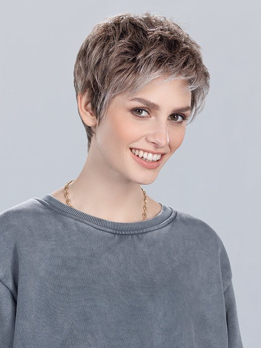 Model is wearing CHAT in DARK SMOKE FROSTED |  Light Brown and Medium Brown with Lightest Blonde and Grey Blend with a Soft Matte Finish	
