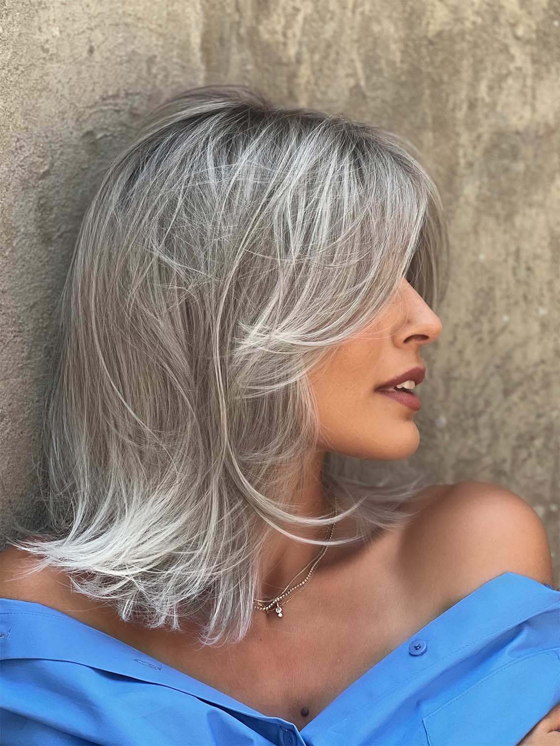 MELODY by ELLEN WILLE in STONEGREY ROOTED 58.51.56 | Grey with Black/Dark Brown and Lightest Blonde Blend with Shaded Roots