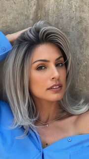 MELODY by ELLEN WILLE in STONEGREY ROOTED 58.51.56 | Grey with Black/Dark Brown and Lightest Blonde Blend with Shaded Roots