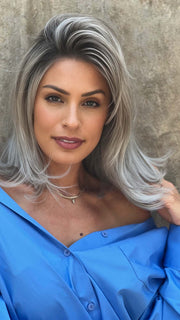 MELODY by ELLEN WILLE in STONEGREY ROOTED 58.51.56 | Grey with Black/Dark Brown and Lightest Blonde Blend with Shaded Roots