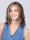 Model is wearing COFFEE BROWN LIGHTED | Dark Brown and Medium Warm Brown with Medium Blonde Blends with Highlights Throughout and Concentrated in the Front