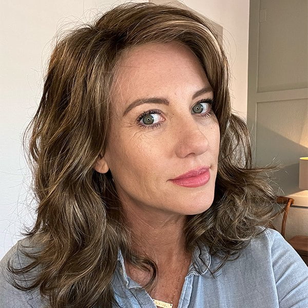 An example of bronde hair in our wig Katherine by Jon Renau in shade 10RH16 Caffe Mocha