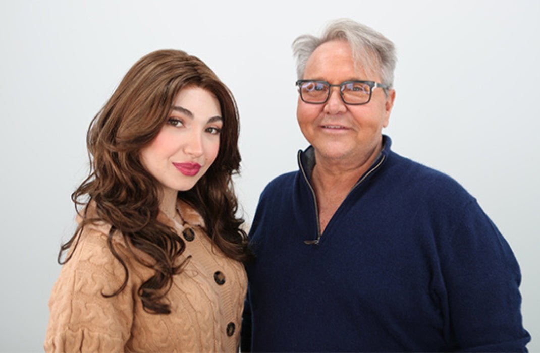 Featured Here: Alan Eaton posing with model wearing Brianna in shade Medium Brown