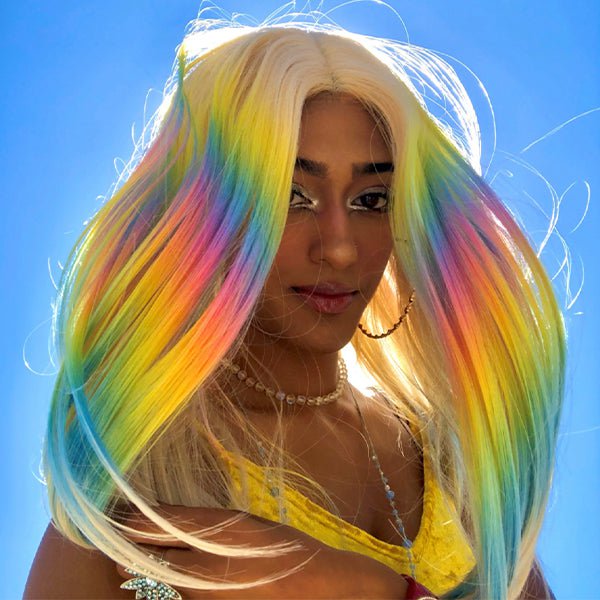 An example of rainbow hair in our wig Dance 'Til Dawn by Hairdo.