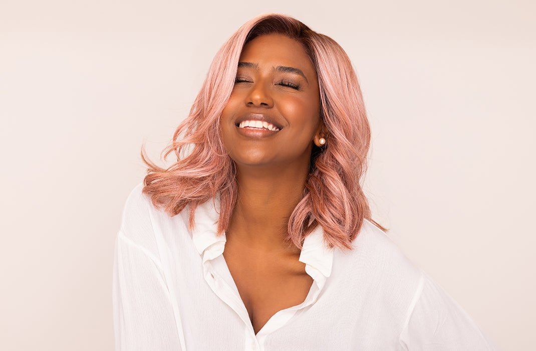 Our model Roxie wearing Vero by Rene of Paris in shade Watermelon R.