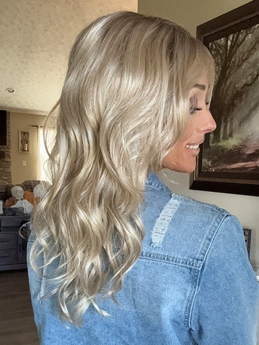 Nichole Corbett @nicholealee wearing HANA by NORIKO in color NM SANDY CREAM BLOND-R | This shade features soft golden sand tones with subtly rooted color for a natural regrowth effect. This blend of beige brown, honey, and creamy blonde transitions beautifully into lighter shades, creating a warm, versatile look that flatters any skin tone. A perfect choice for effortless, honey-warm blonde style.