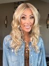 Nichole Corbett @nicholealee wearing HANA by NORIKO in color NM SANDY CREAM BLOND-R | This shade features soft golden sand tones with subtly rooted color for a natural regrowth effect. This blend of beige brown, honey, and creamy blonde transitions beautifully into lighter shades, creating a warm, versatile look that flatters any skin tone. A perfect choice for effortless, honey-warm blonde style.
