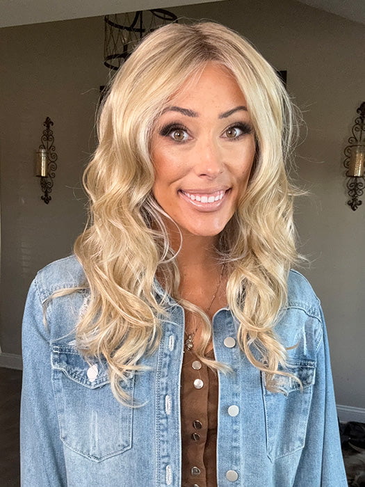 Nichole Corbett @nicholealee wearing HANA by NORIKO in color NM SANDY CREAM BLOND-R | This shade features soft golden sand tones with subtly rooted color for a natural regrowth effect. This blend of beige brown, honey, and creamy blonde transitions beautifully into lighter shades, creating a warm, versatile look that flatters any skin tone. A perfect choice for effortless, honey-warm blonde style.