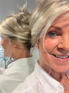 Sparky @an.affair.with.hair is wearing HEIDI by JON RENAU in color  101/88/27S4 CATALINA BLONDE | Pale blonde with Pure White Natural Violet halo highlights, shaded medium brown
