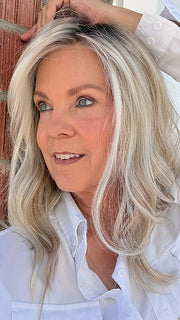 Sparky @an.affair.with.hair is wearing HEIDI by JON RENAU in color  101/88/27S4 CATALINA BLONDE | Pale blonde with Pure White Natural Violet halo highlights, shaded medium brown