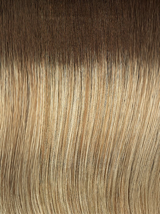 88GR | Medium Brown Roots transition into a Light Wheat Blonde with Dark Strawberry Blonde Highlights 