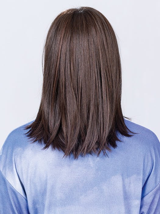 Model is wearing DARK CHOCOLATE ROOTED | Darkest/Dark Brown with Dark Auburn Blend and Shaded Roots