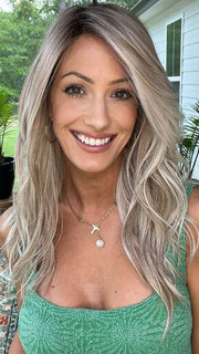 Jenna Fail @jenna_fail wearing Milano by BelleTress in color MILKSHAKE BLONDE R | A mixture of Light Sandy Brown, Highlighted with Light Ash Blonde with a Hint of Light Platinum Blonde with a Medium Root Color