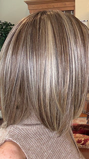 Eileen @crazywiglady is wearing NINA by BELLE TRESS in color BROWN SUGAR COOKIE R | The roots are a Rich Brown Tone that seamlessly transitions into a Warm
