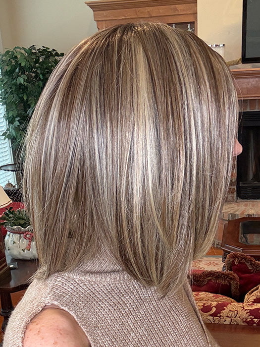 Eileen @crazywiglady is wearing NINA by BELLE TRESS in color BROWN SUGAR COOKIE R | The roots are a Rich Brown Tone that seamlessly transitions into a Warm