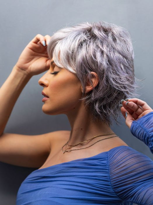 NOUR by NORIKO in LILAC-SILVER-R | Dark Root with a Light to Medium Grey Base and a hint of a soft lilac