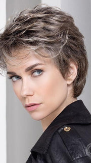 Model is wearing PRIMA SOFT in color DARK SAND SHADED 12.26.14 | Lightest Brown and Light Golden Blonde with Medium Ash Blonde Blend and Shaded Roots