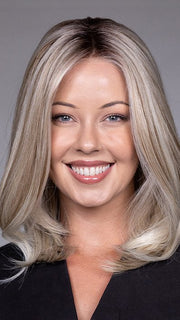Model is wearing ADRIANA by BELLETRESS in color BUTTERBEER R | Dark Brown Base and Root that transitions smoothly into a buttery blonde, infused with creamy honey and toffee tones