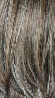 RUFFLE RIBBON R | Off-Black base with Warm Medium Brown and Silver highlights. The Dark Brown Root creates a naturally dimensional appearance