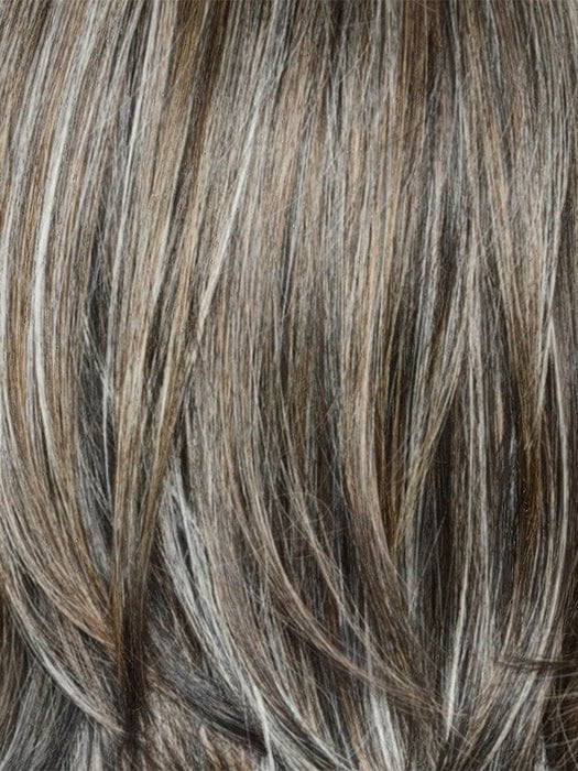 RUFFLE RIBBON R | Off-Black base with Warm Medium Brown and Silver highlights. The Dark Brown Root creates a naturally dimensional appearance