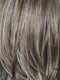 RUFFLE RIBBON R | Off-Black base with Warm Medium Brown and Silver highlights. The Dark Brown Root creates a naturally dimensional appearance