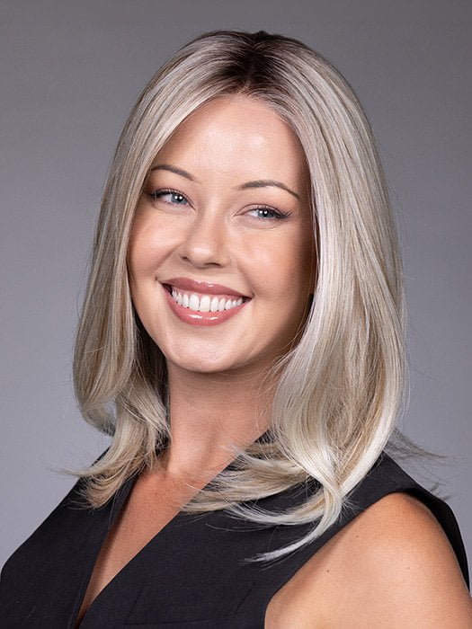 Model is wearing ADRIANA by BELLETRESS in color BUTTERBEER R | Dark Brown Base and Root that transitions smoothly into a buttery blonde, infused with creamy honey and toffee tones