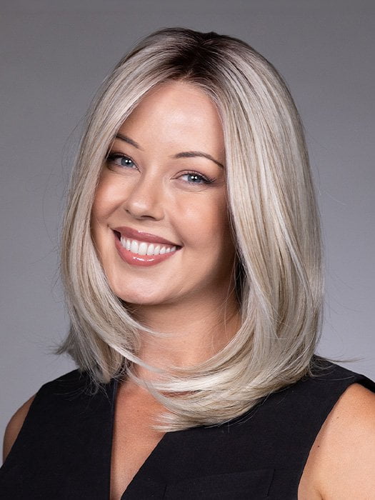 Model is wearing ADRIANA by BELLETRESS in color BUTTERBEER R | Dark Brown Base and Root that transitions smoothly into a buttery blonde, infused with creamy honey and toffee tones