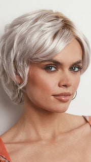 Model is wearing ASHA by RENE OF PARIS in GHOST BLOND R | Rooted Pearl Cream Blond with Platinum Undertones