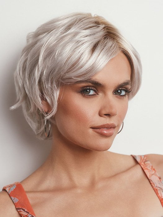 Model is wearing ASHA by RENE OF PARIS in GHOST BLOND R | Rooted Pearl Cream Blond with Platinum Undertones