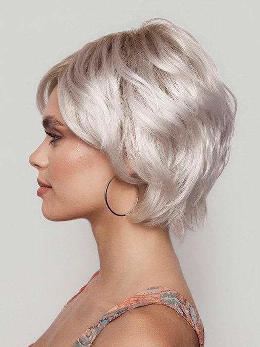 Model is wearing ASHA by RENE OF PARIS in GHOST BLOND R | Rooted Pearl Cream Blond with Platinum Undertones