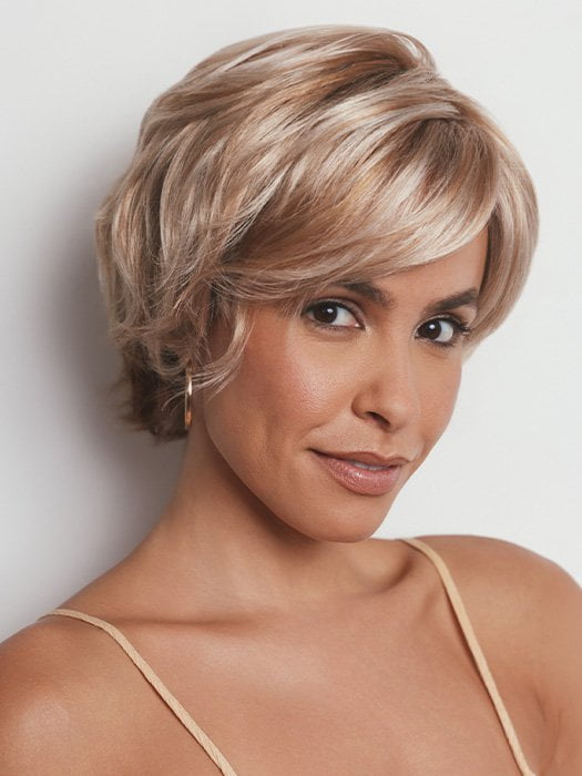 Model is wearing ASHA by RENE OF PARIS in color WINTER OAT LATTE R | rooted honey blonde and platinum blonde blend with soft, dimensional highlights and lowlights
