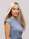 Model is wearing AVERY by JON RENAU in color 101/88/27S8 CATALINA BLONDE | Pale blonde with Pure White Natural Violet halo highlights, shaded medium brown