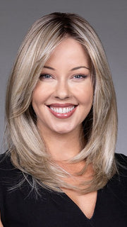 Model is wearing BAILEY by BELLETRESS in color BUTTERBEER R | Dark Brown Base and Root that transitions smoothly into a buttery blonde, infused with creamy honey and toffee tones