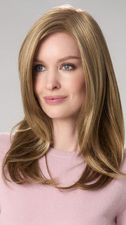 Model is wearing BELINDA HAND TIED by ENVY in color DARK BLONDE | 2 toned blend of Dark Honey Blonde with Lighter Blonde highlights
