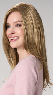 Model is wearing BELINDA HAND TIED by ENVY in color DARK BLONDE | 2 toned blend of Dark Honey Blonde with Lighter Blonde highlights