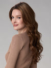 Model is wearing BRIANNA HAND TIED by ENVY in color CINNAMON TOFFEE | Neutral to Warm Light Brown with Dark Brown Roots

