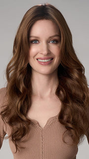 Model is wearing BRIANNA HAND TIED by ENVY in color CINNAMON TOFFEE | Neutral to Warm Light Brown with Dark Brown Roots
