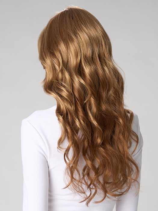 Model is wearing BRIANNA HAND TIED by ENVY in color GOLDEN NUTMEG | Medium Brown roots with overall Warm Cinnamon base and Golden Blonde Highlights