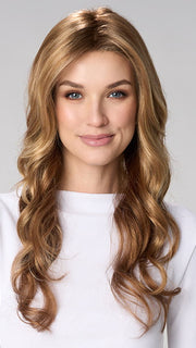 Model is wearing BRIANNA HAND TIED by ENVY in color GOLDEN NUTMEG | Medium Brown roots with overall Warm Cinnamon base and Golden Blonde Highlights