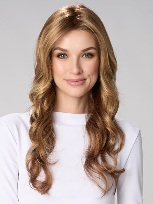 Model is wearing BRIANNA HAND TIED by ENVY in color GOLDEN NUTMEG | Medium Brown roots with overall Warm Cinnamon base and Golden Blonde Highlights