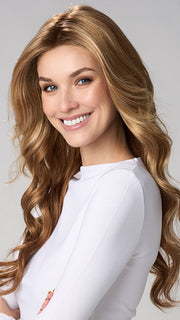 Model is wearing BRIANNA HAND TIED by ENVY in color GOLDEN NUTMEG | Medium Brown roots with overall Warm Cinnamon base and Golden Blonde Highlights