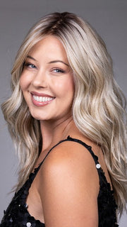 Model is wearing CLAUDIA by BELLETRESS in color BUTTERBEER R | Dark Brown Base and Root that transitions smoothly into a buttery blonde, infused with creamy honey and toffee tones