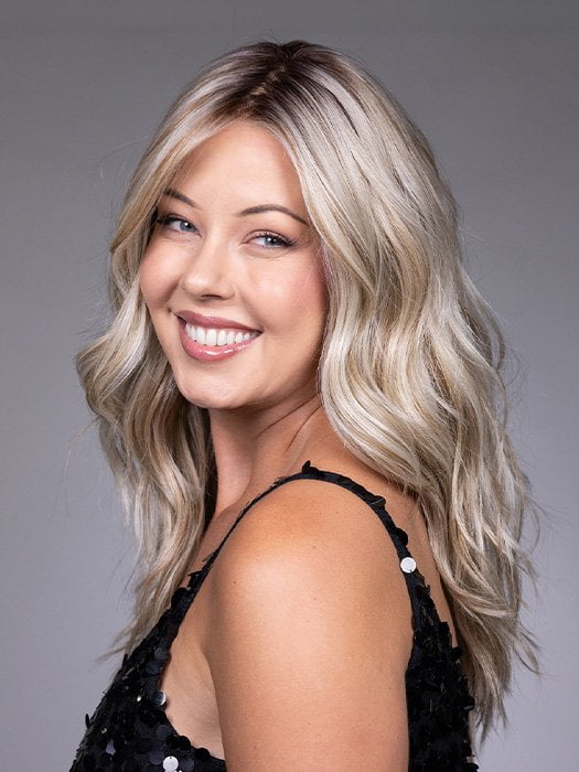 Model is wearing CLAUDIA by BELLETRESS in color BUTTERBEER R | Dark Brown Base and Root that transitions smoothly into a buttery blonde, infused with creamy honey and toffee tones