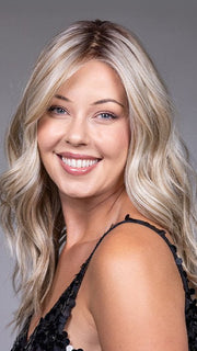 Model is wearing CLAUDIA by BELLETRESS in color BUTTERBEER R | Dark Brown Base and Root that transitions smoothly into a buttery blonde, infused with creamy honey and toffee tones