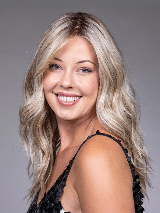 Model is wearing CLAUDIA by BELLETRESS in color BUTTERBEER R | Dark Brown Base and Root that transitions smoothly into a buttery blonde, infused with creamy honey and toffee tones